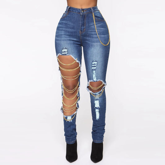 Ladies' Irregular Holes Jeans With Chain Hanging Slim Washed High Waist Leisure