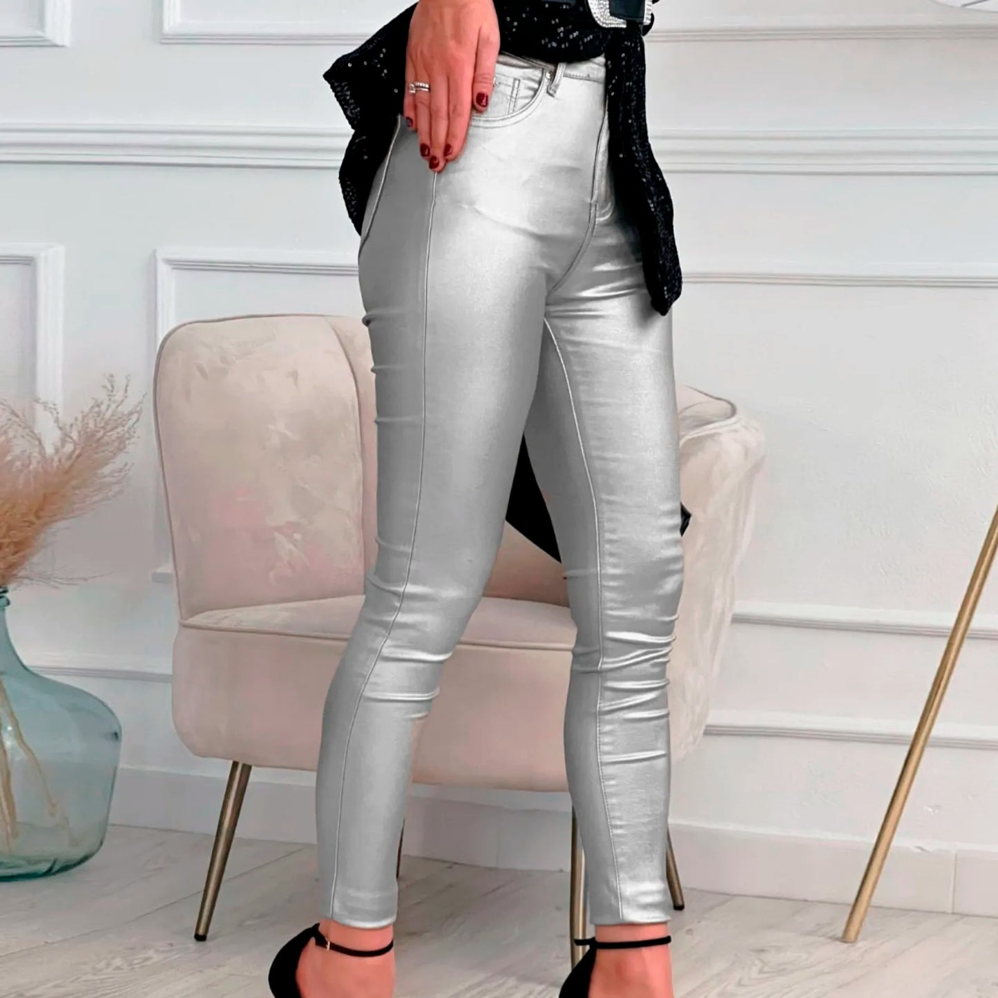 Women Leggings Faux Leather Pants Spring Gold Silver Fashion Lady Trousers Sexy Skinny
