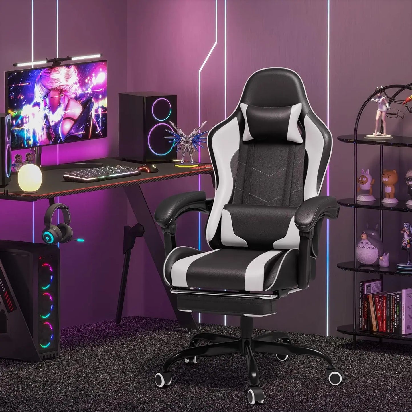 Gaming Chair, Video Game Chair with Footrest and Massage Lumbar Support,
