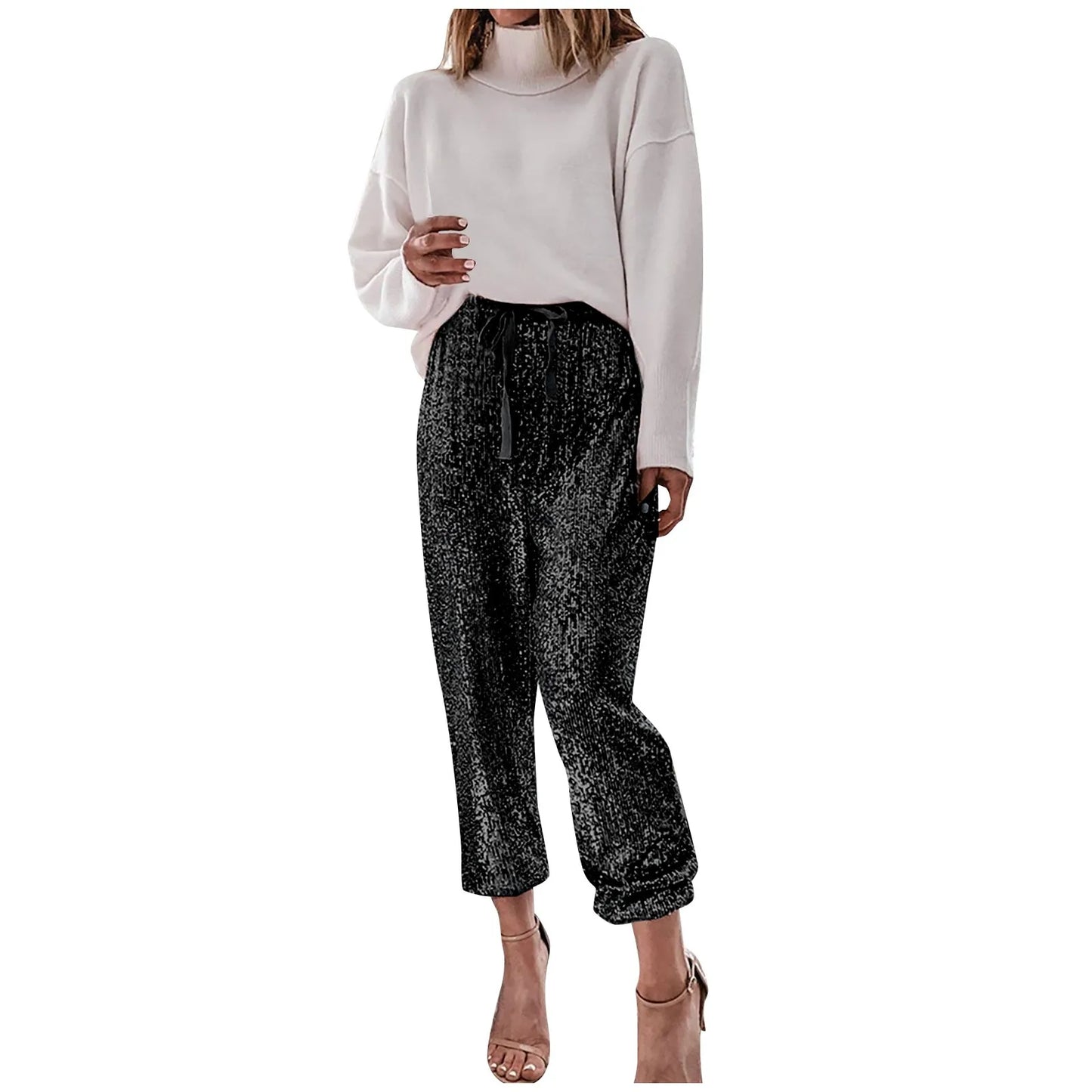 Sequin Pants For Women Sequined Shining Loose Full Pant Women Mid Waist Club Night Lady W