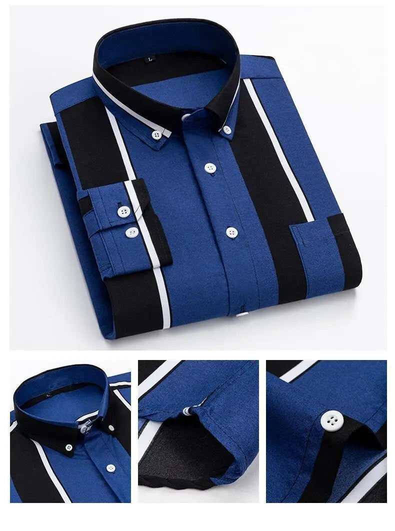 Y2k Spring and Autumn Men's Striped Shirt Long Sleeve Business Casual Square Collar