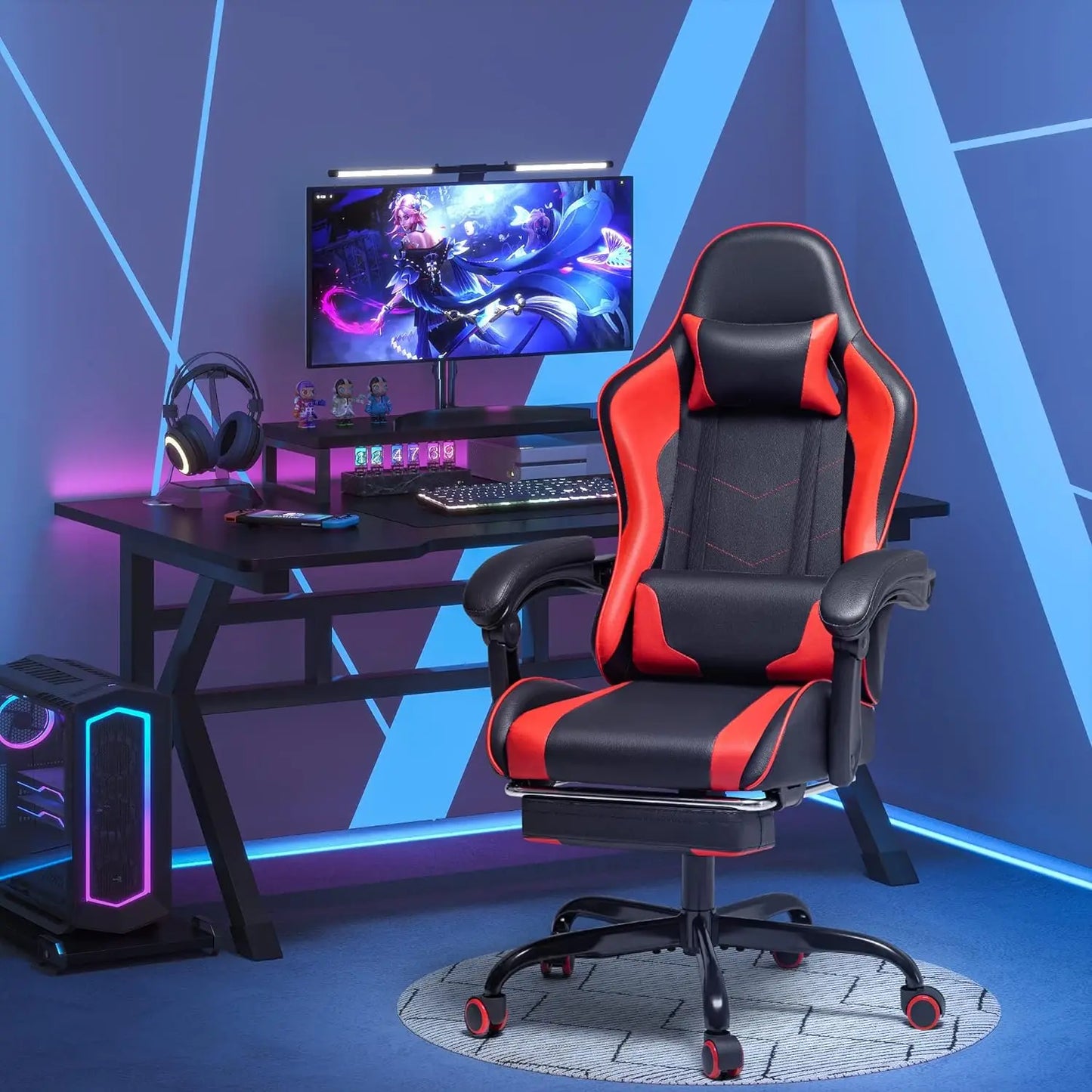 Gaming Chair, Video Game Chair with Footrest and Massage Lumbar Support,
