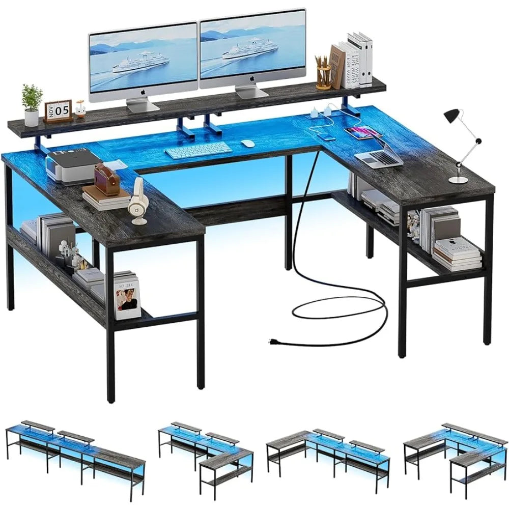 Study Desk Adjustable Monitor Stand and Power Outlets Table for Laptop Bed Reversible Computer