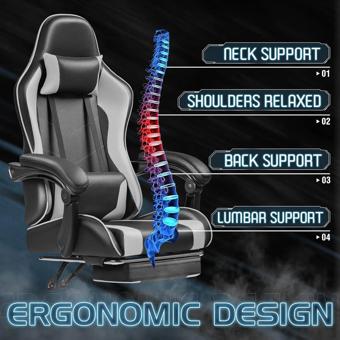 Gaming Chair, Video Game Chair with Footrest and Massage Lumbar Support,