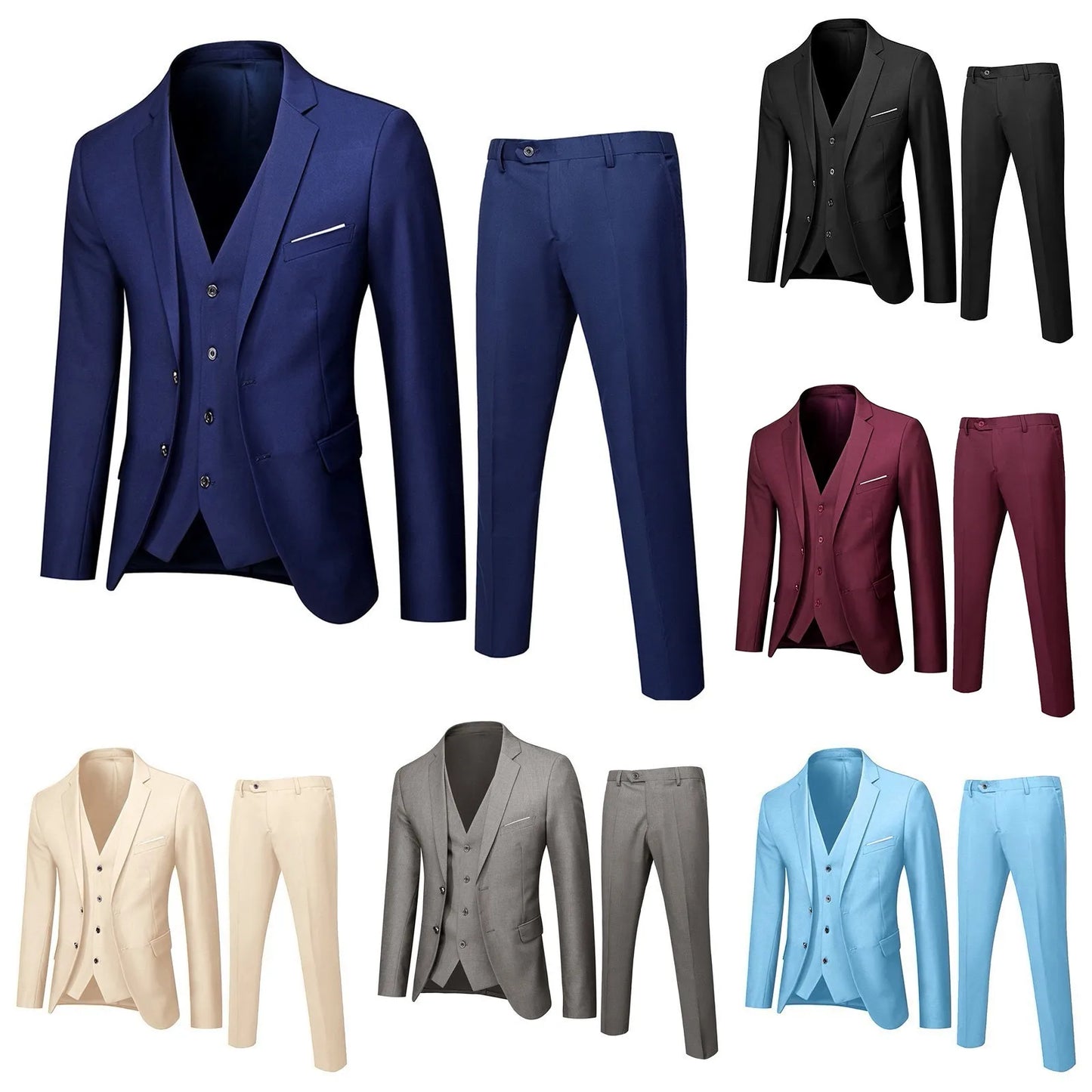 Men Blazers 3 Pieces Sets Business 2 Suits Vest Pants Blue Coats Wedding