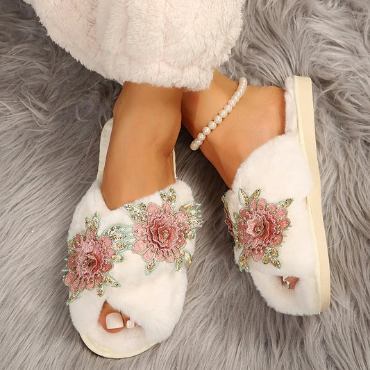 Crystal Flower Flat Heels Fur Slippers Women 2023 Autumn Winter