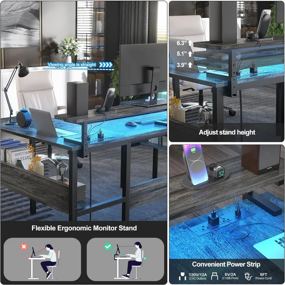 Study Desk Adjustable Monitor Stand and Power Outlets Table for Laptop Bed Reversible Computer