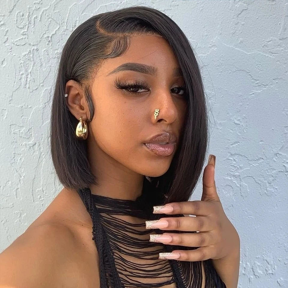 Pre Plucked Brazilian Human Hair Wigs Side Part Bob Wig for Women Natural Color T Part Lace Remy Straight Human Hair Wigs