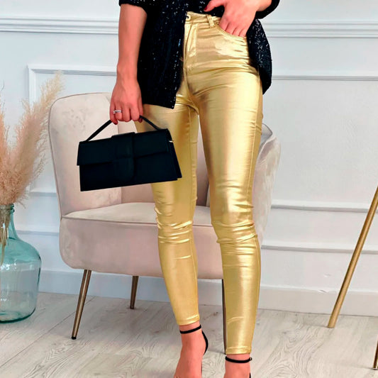 Women Leggings Faux Leather Pants Spring Gold Silver Fashion Lady Trousers Sexy Skinny