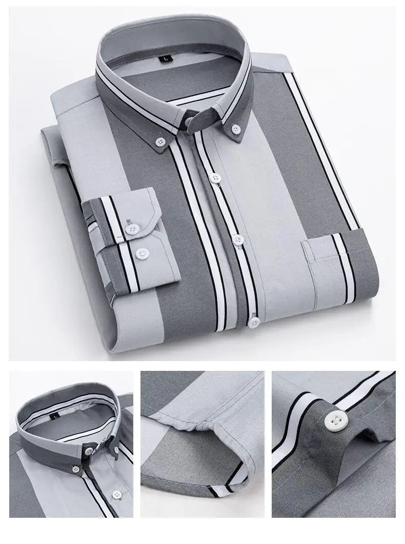 Y2k Spring and Autumn Men's Striped Shirt Long Sleeve Business Casual Square Collar