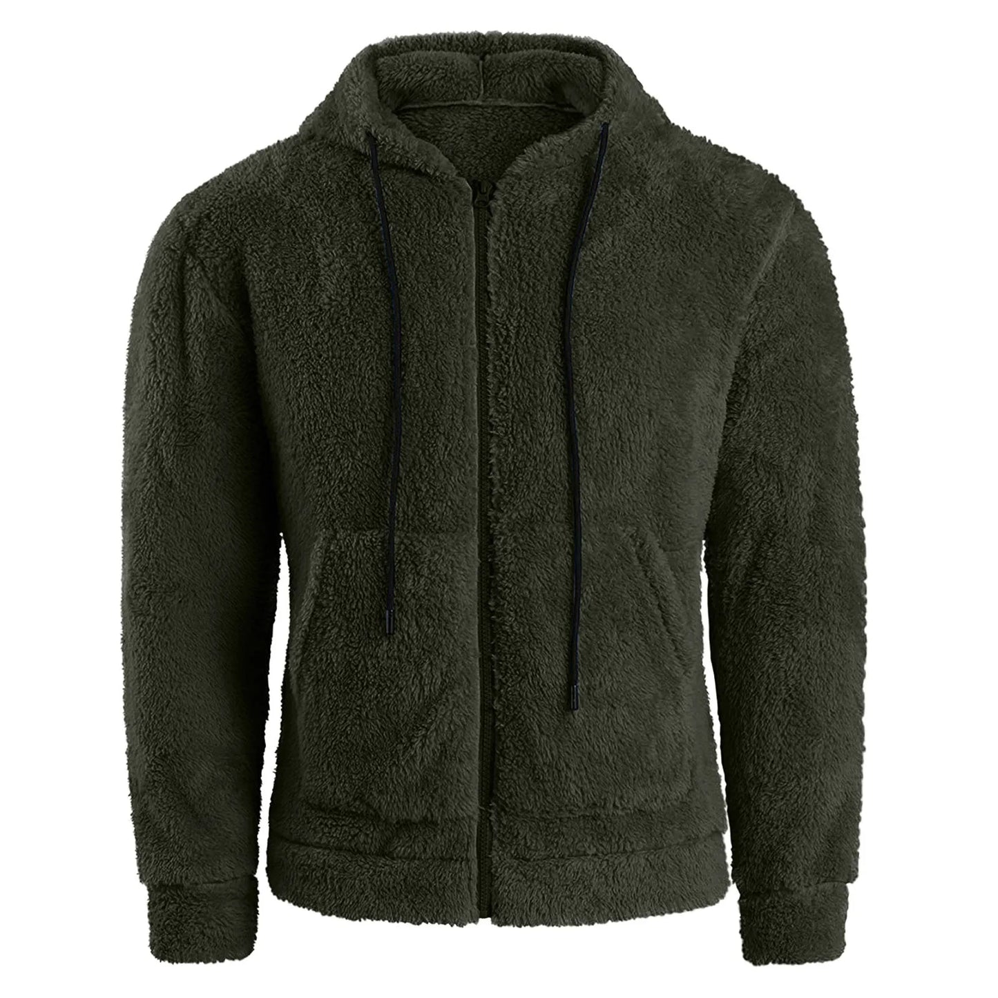 Men Coat Winter Fleece Jacket Plush Zipper Hooded Solid Soft Cold-proof Thermal