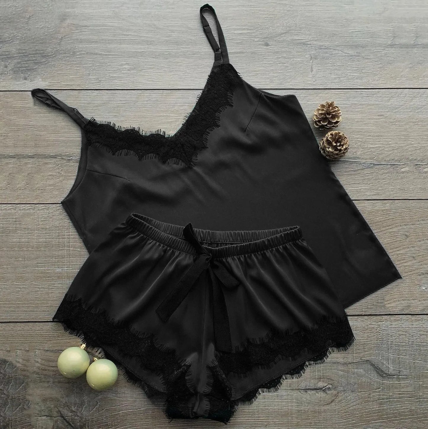 Women Pajama Suit Fashion V-Neck Stretch Satin Babydoll Lace Sexy Lingerie Bowknot Pyjamas Sleep Shorts Set Sleepwear New