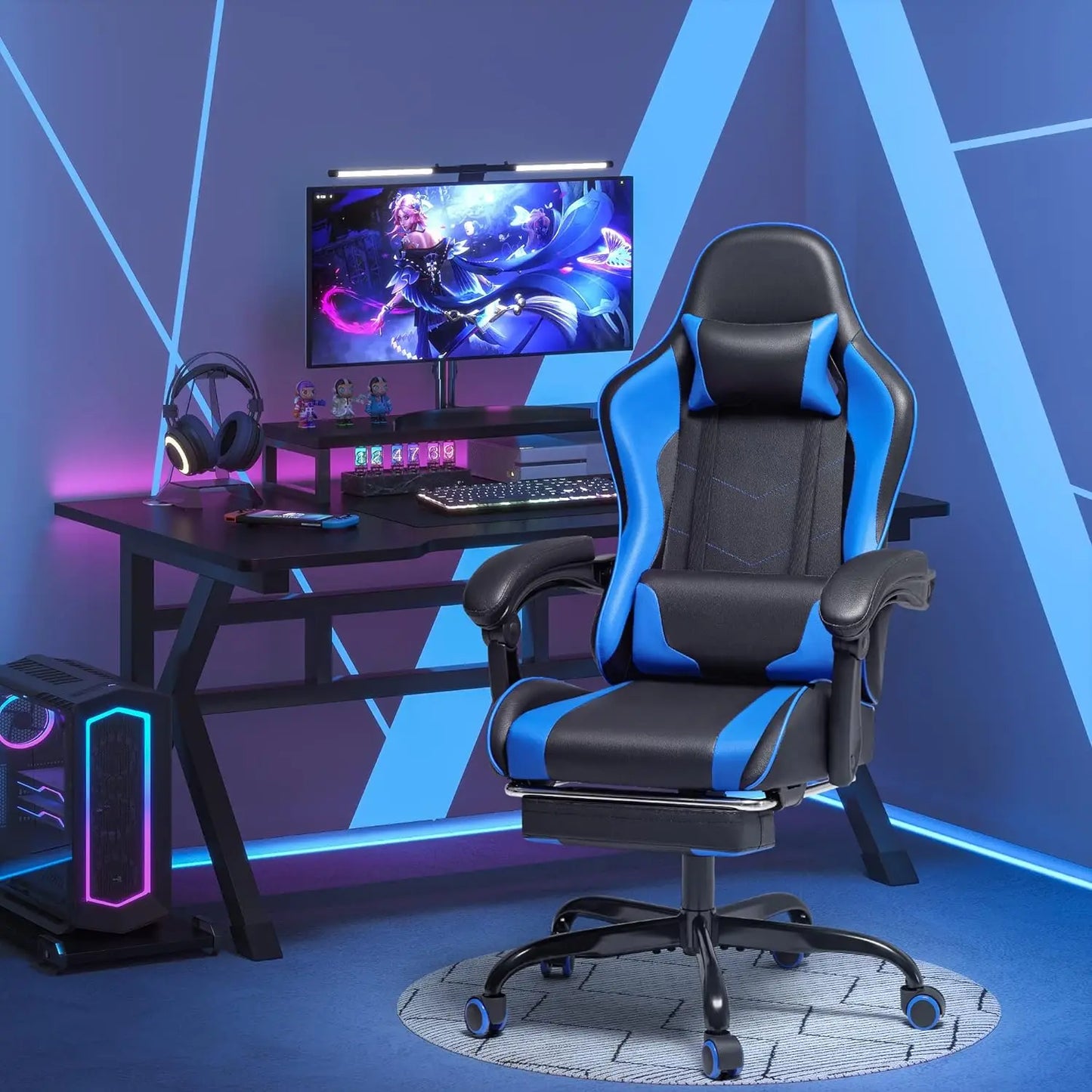 Gaming Chair, Video Game Chair with Footrest and Massage Lumbar Support,