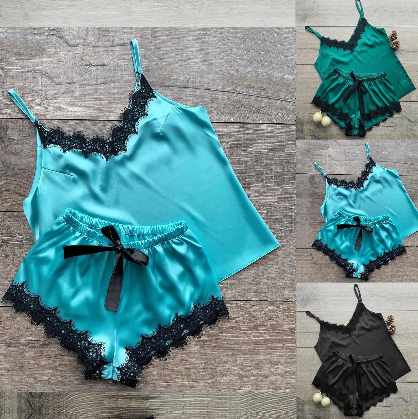 Women Pajama Suit Fashion V-Neck Stretch Satin Babydoll Lace Sexy Lingerie Bowknot Pyjamas Sleep Shorts Set Sleepwear New