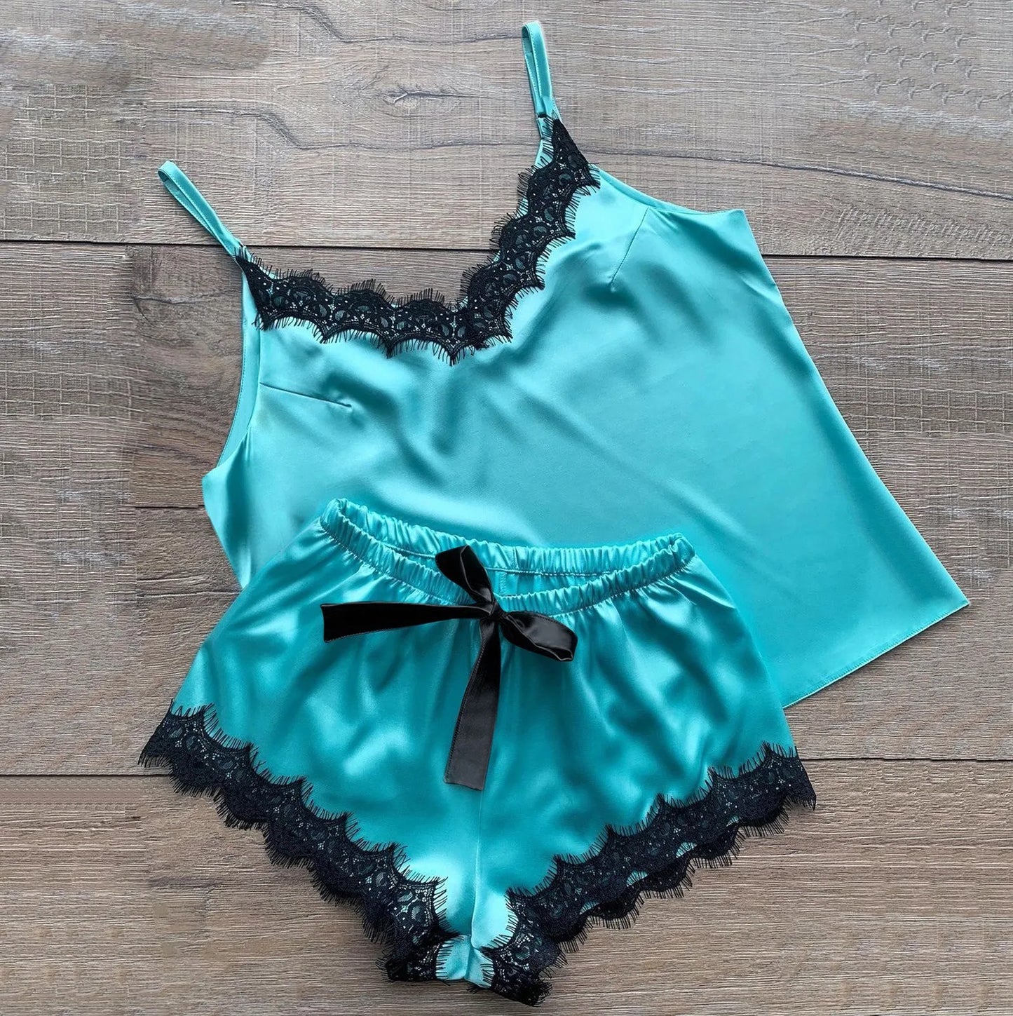 Women Pajama Suit Fashion V-Neck Stretch Satin Babydoll Lace Sexy Lingerie Bowknot Pyjamas Sleep Shorts Set Sleepwear New