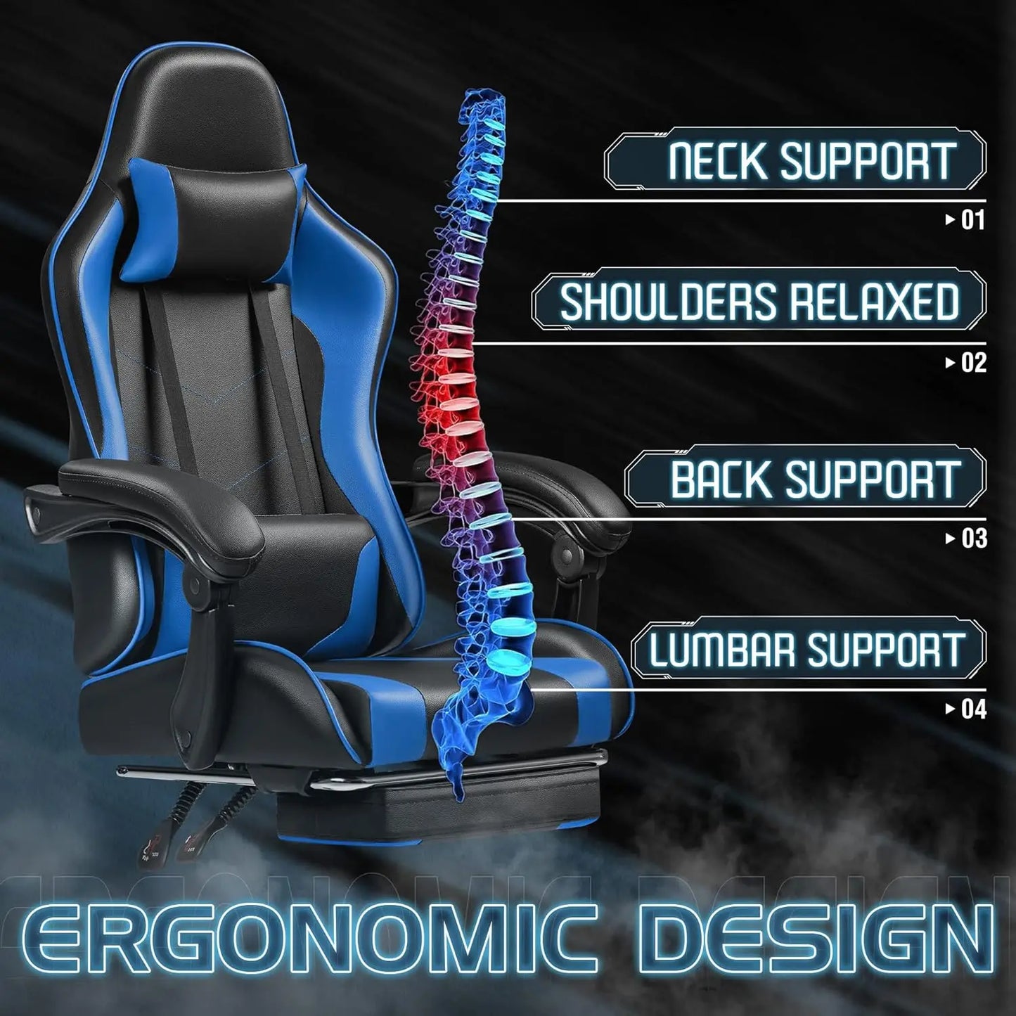 Gaming Chair, Video Game Chair with Footrest and Massage Lumbar Support,