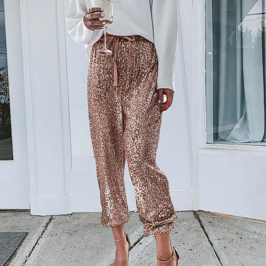 Sequin Pants For Women Sequined Shining Loose Full Pant Women Mid Waist Club Night Lady W