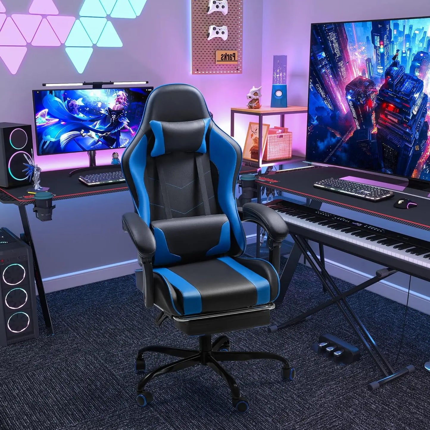 Gaming Chair, Video Game Chair with Footrest and Massage Lumbar Support,