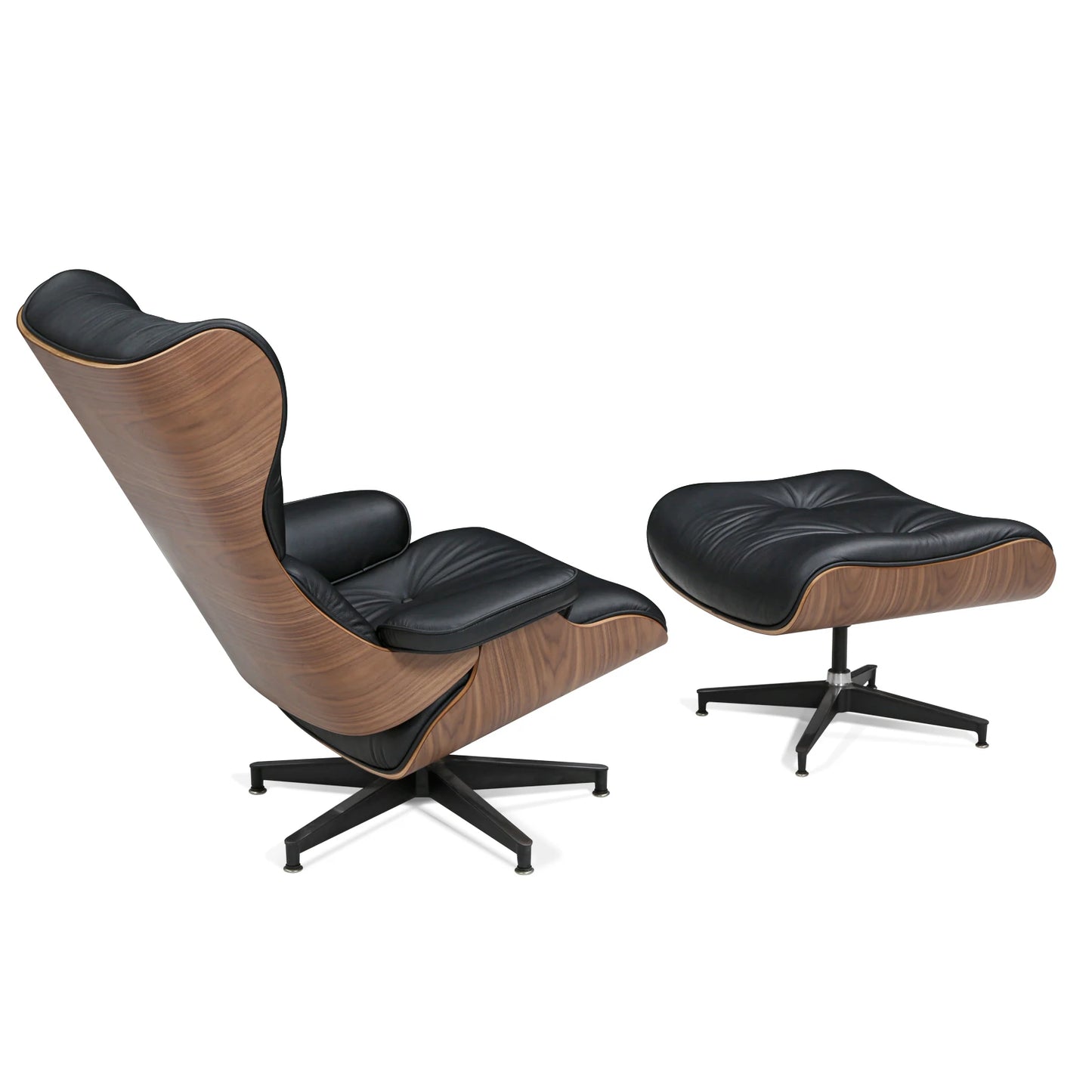 Mid-century Modern Lounge chair With ottoman genuine leather Walnut Black