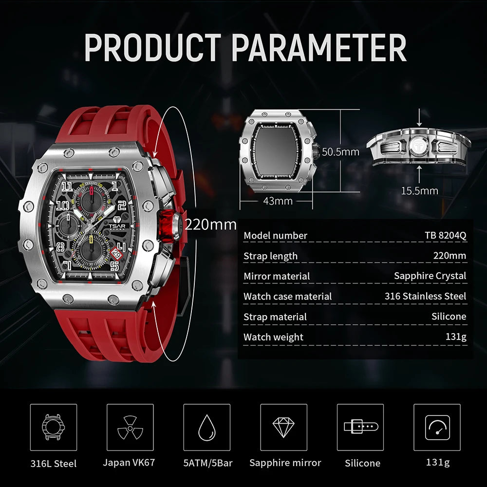 TSAR BOMBA Luxury Watch Men Top Brand Luminous Hand Imported Silicone Strap