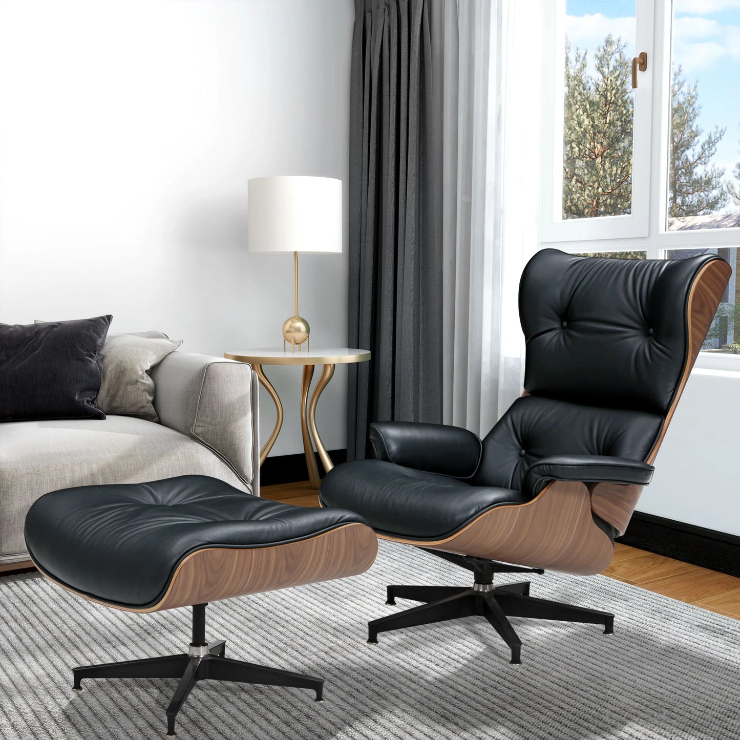 Mid-century Modern Lounge chair With ottoman genuine leather Walnut Black