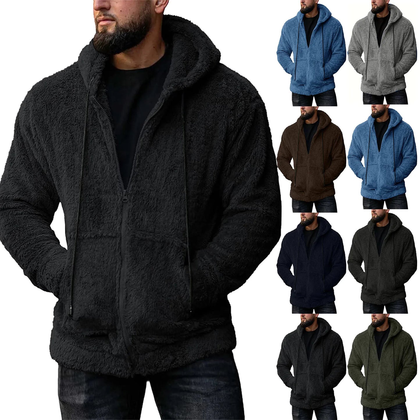 Men Coat Winter Fleece Jacket Plush Zipper Hooded Solid Soft Cold-proof Thermal