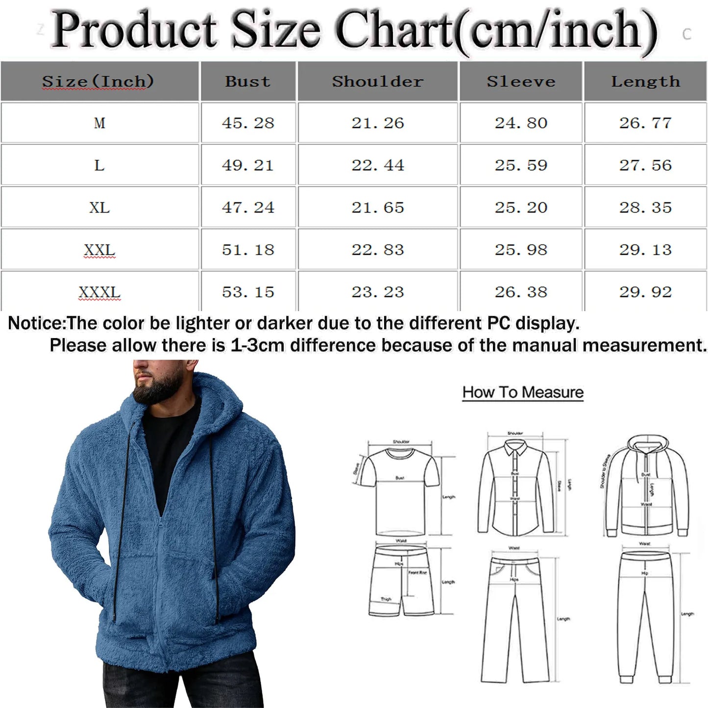 Men Coat Winter Fleece Jacket Plush Zipper Hooded Solid Soft Cold-proof Thermal