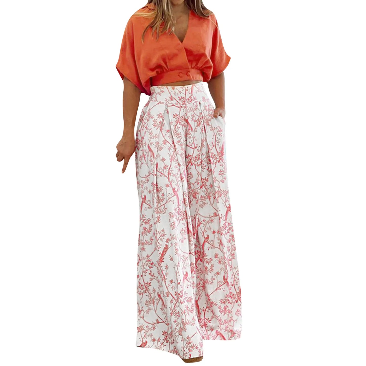 Womens Two Piece Sets Sexy Mid Sleeve Shirt Elgant Boho Floral Print Wide Leg