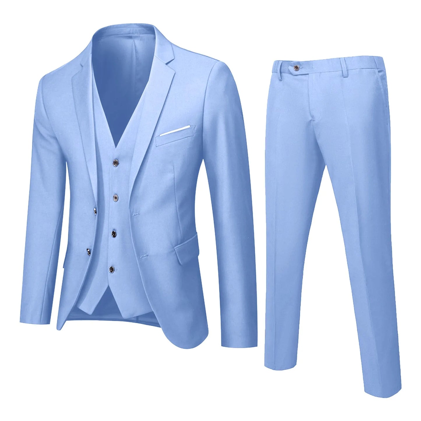 Men Blazers 3 Pieces Sets Business 2 Suits Vest Pants Blue Coats Wedding