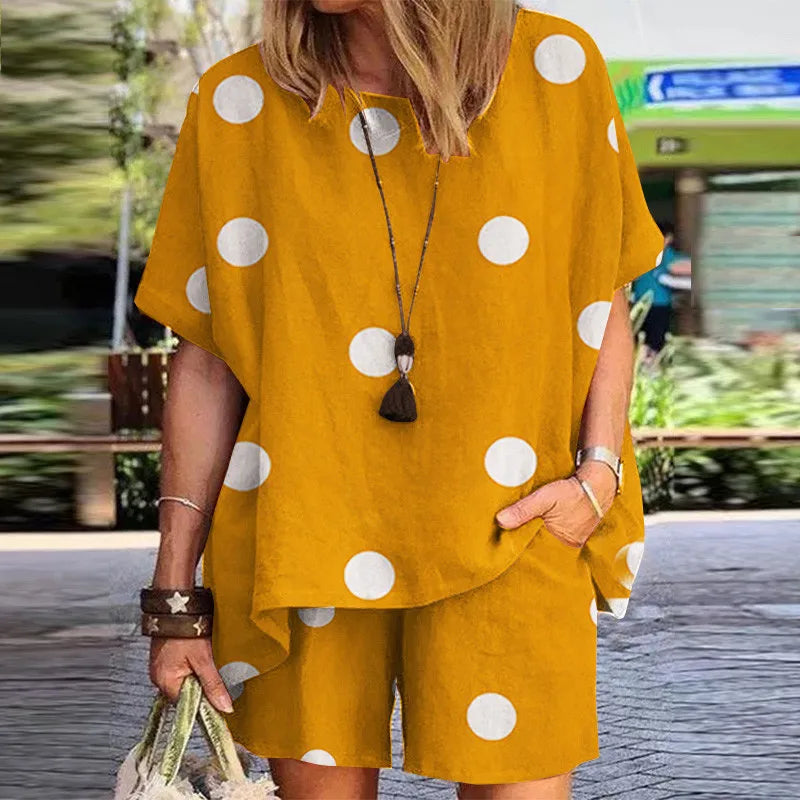 Summer Fashion New Women's Set Polka Dot Print Round Neck Loose Short Sleeve