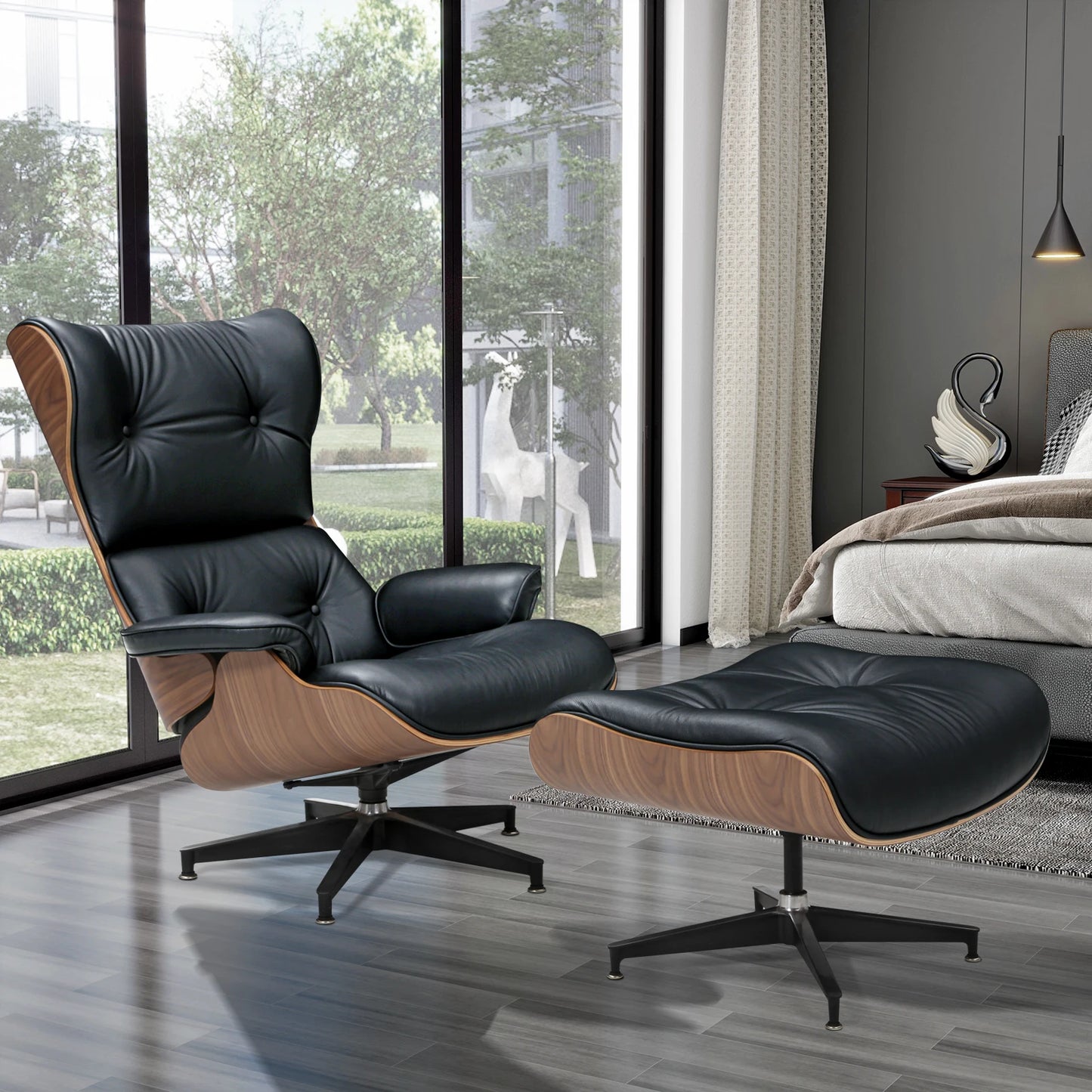 Mid-century Modern Lounge chair With ottoman genuine leather Walnut Black