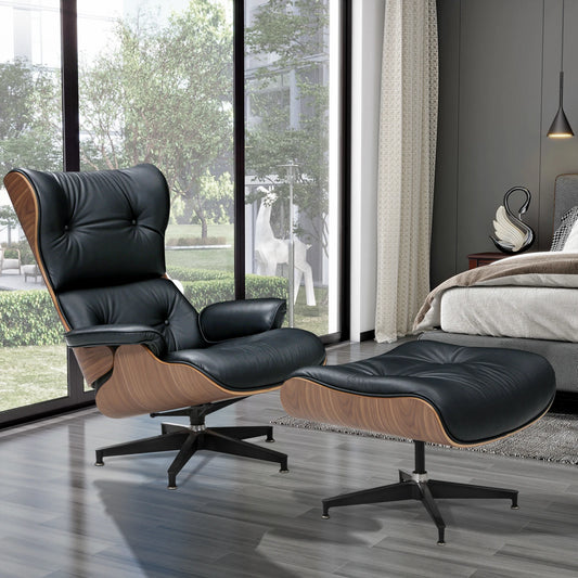 Mid-century Modern Lounge chair With ottoman genuine leather Walnut Black
