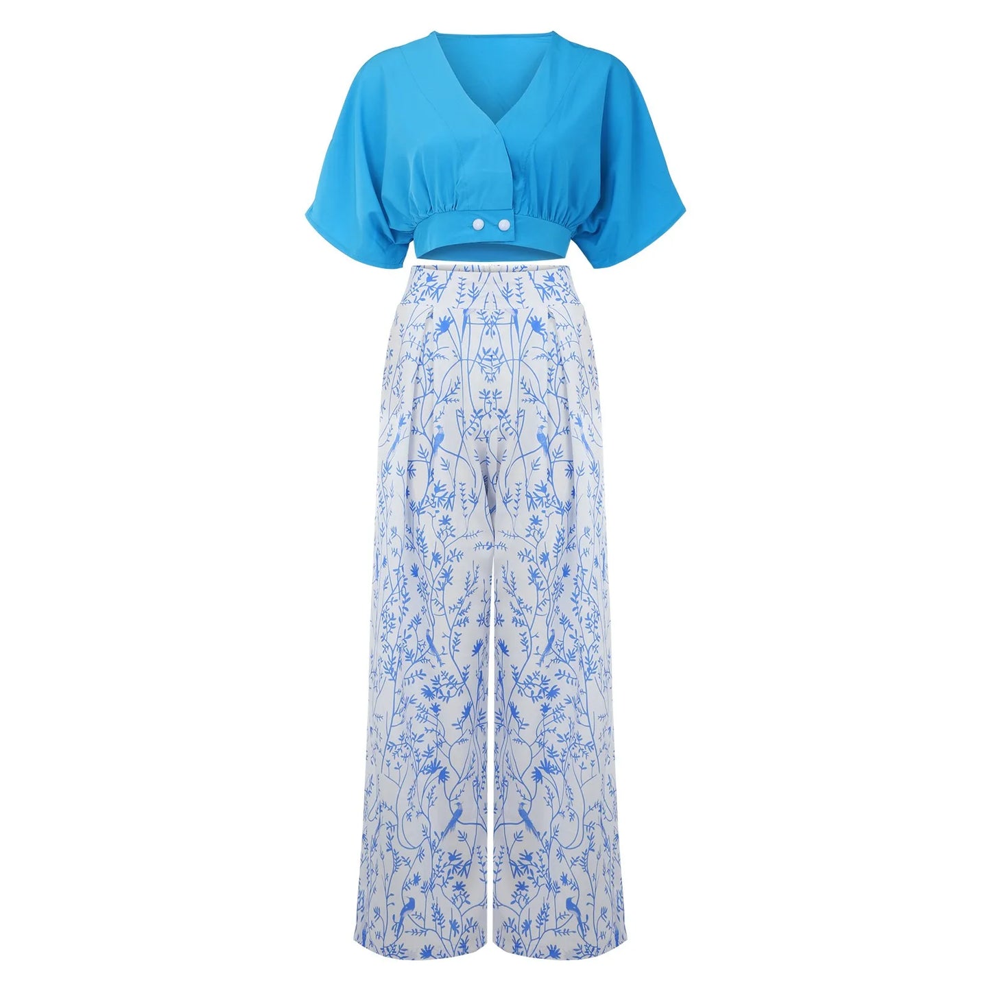 Womens Two Piece Sets Sexy Mid Sleeve Shirt Elgant Boho Floral Print Wide Leg