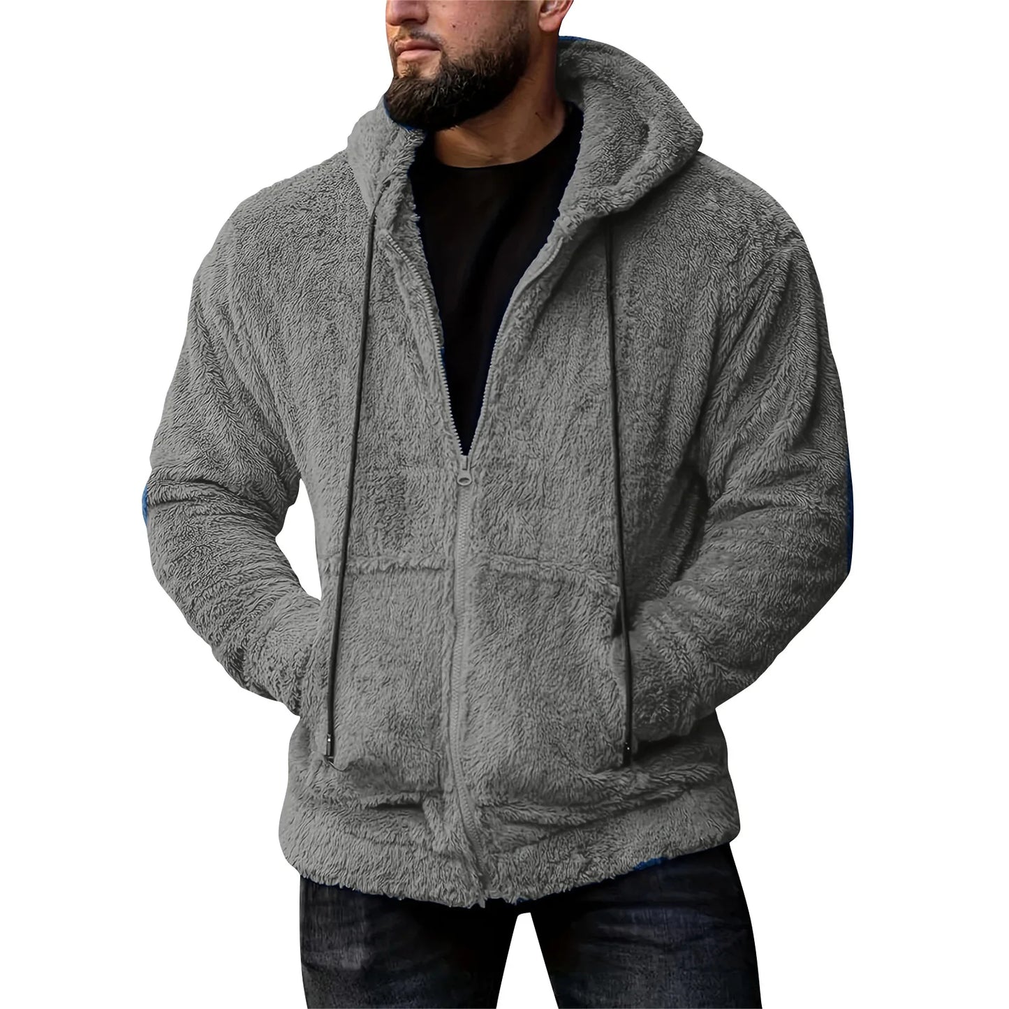 Men Coat Winter Fleece Jacket Plush Zipper Hooded Solid Soft Cold-proof Thermal