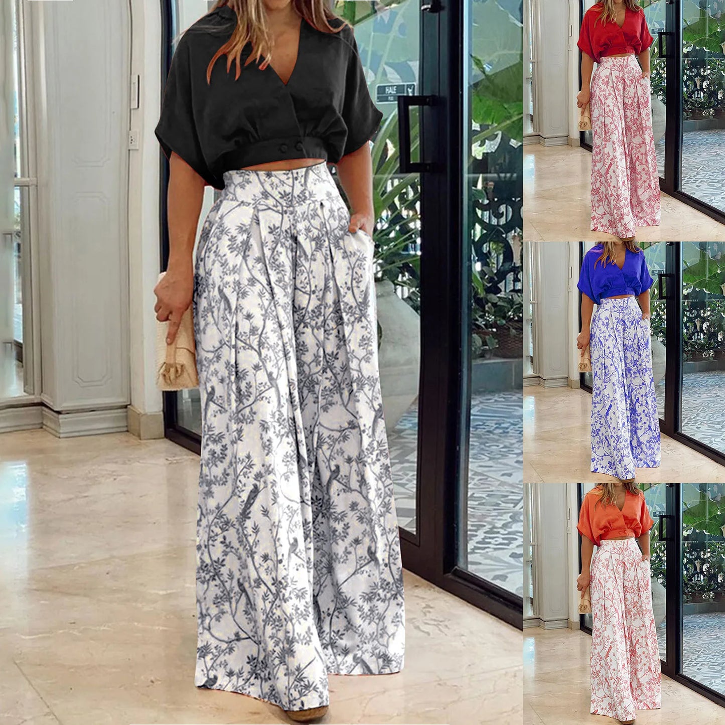 Womens Two Piece Sets Sexy Mid Sleeve Shirt Elgant Boho Floral Print Wide Leg