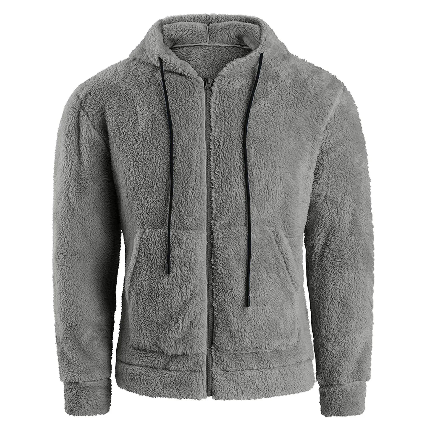 Men Coat Winter Fleece Jacket Plush Zipper Hooded Solid Soft Cold-proof Thermal