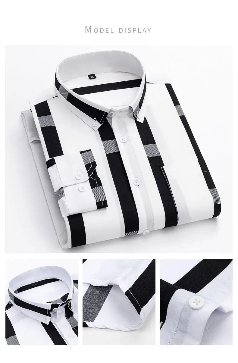 Y2k Spring and Autumn Men's Striped Shirt Long Sleeve Business Casual Square Collar
